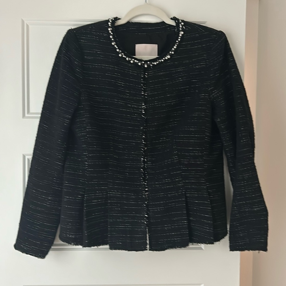 Rebecca Taylor Silk and Cotton Cropped Jacket with Peplum Waist and Pearl Collar